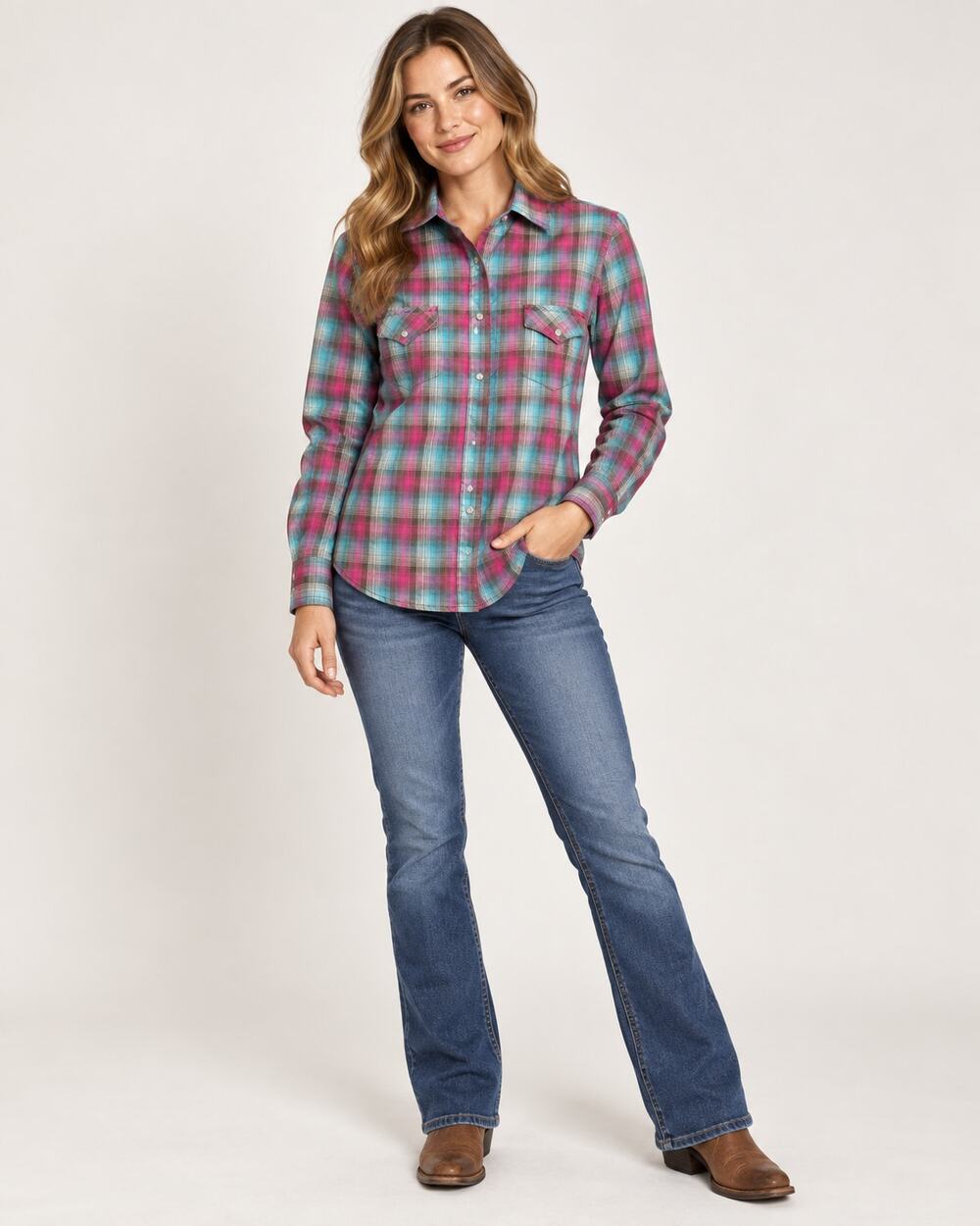 Wrangler Wrancher Western Snap Shirt Women’s Large Pink Blue Plaid Long Sleeve